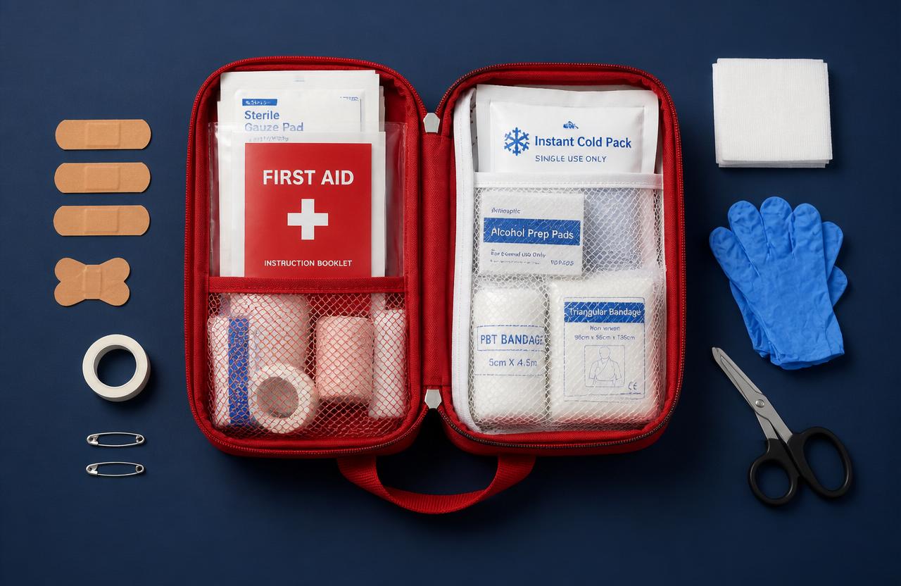 An open first aid kit with bandages, gloves and scissors