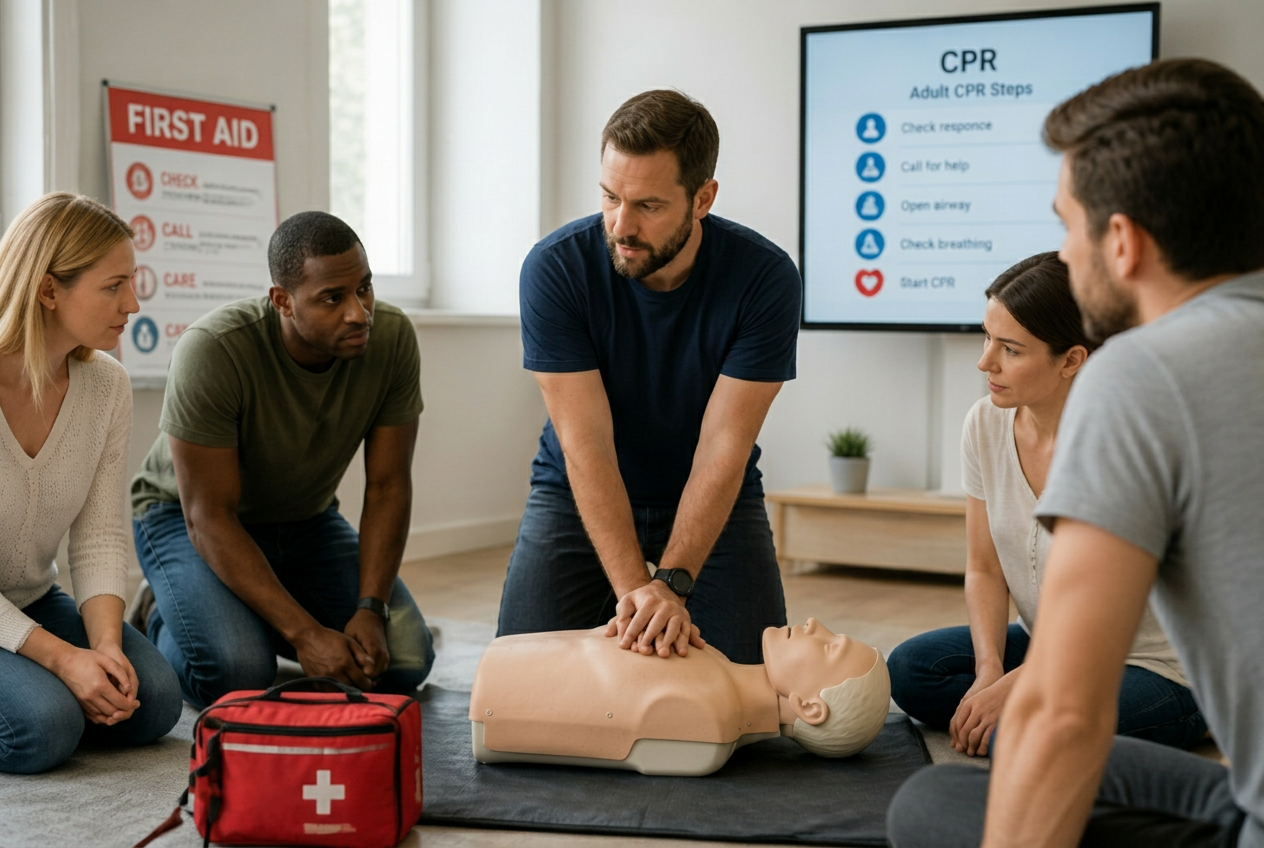 Trainer demonstrating adult CPR to a group of learners