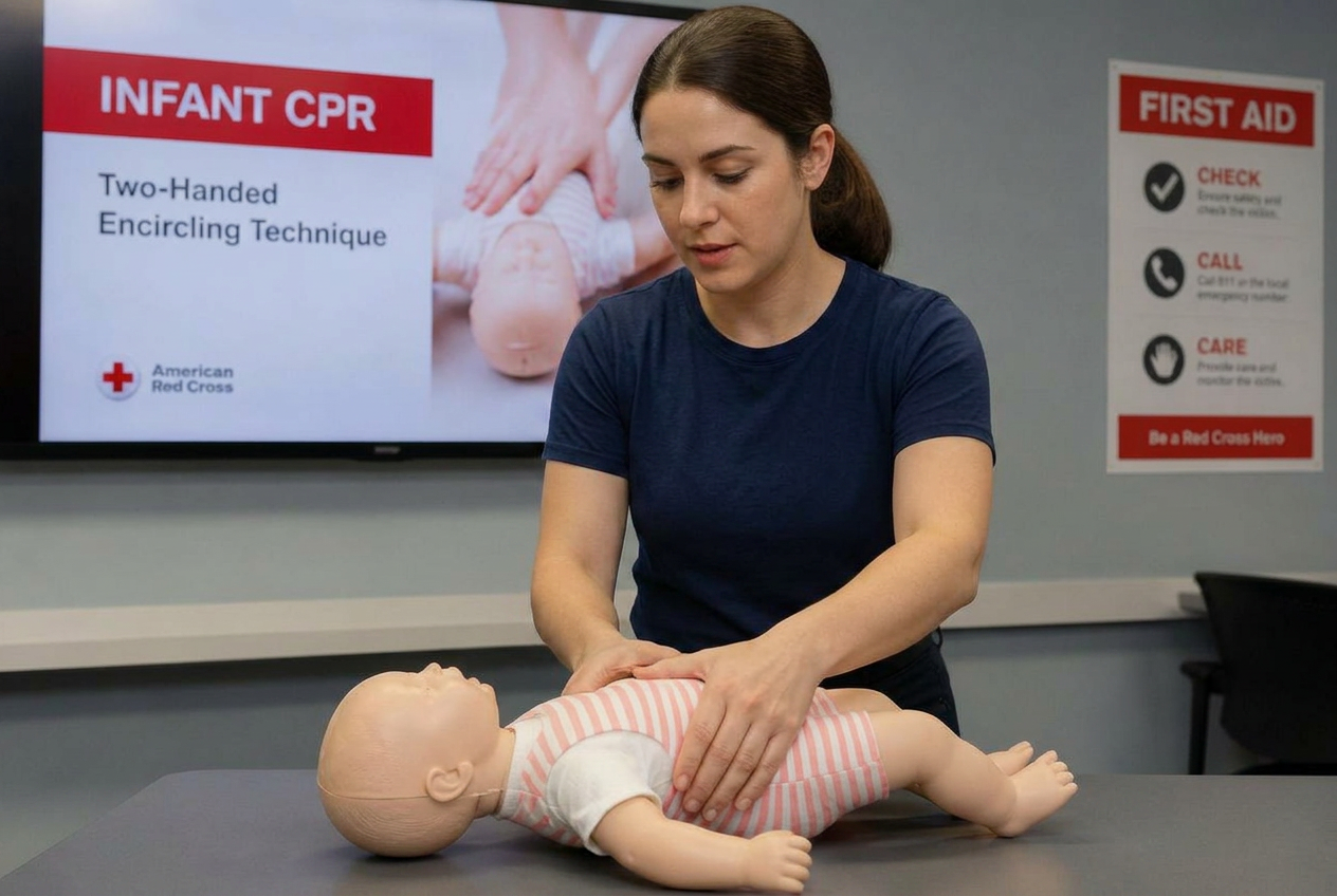Hands practicing infant CPR on a baby manikin
